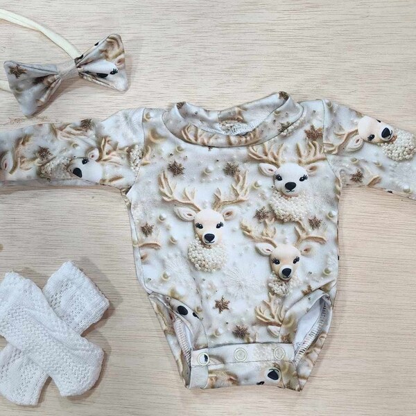 16-17" *Preemie* Gold Winter Christmas Deer Sleeved Onsie & Socks w/ bow or hat for Reborn Babies Clothing Silicone Baby Doll Clothes