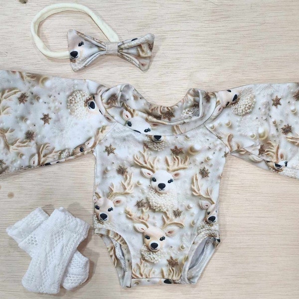 16-17" *Preemie* Gold Winter Deer Flare Sleeve Bodysuit Wide Shoulder & Socks w/ bow for Reborn Babies Clothes Silicone Doll Clothing