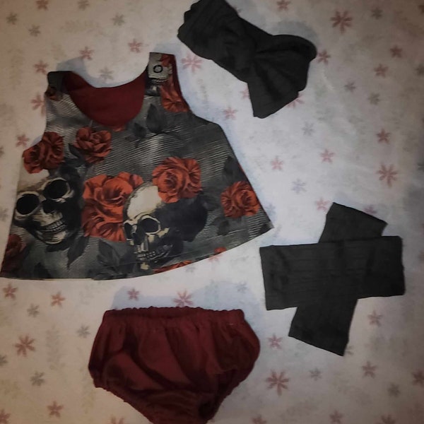 18-19" *Preemie* Skulls and Roses Boutique Style Outfit w/ Bow and Thigh High Socks for Reborn and Silicone Baby Clothing Clothes