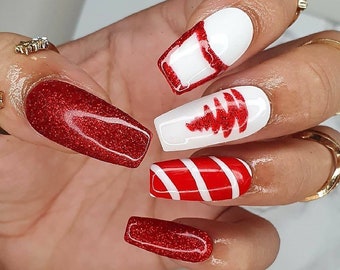 Red & White Christmas Glam Handmade Press On Nails