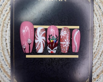 Pink Christmas Press On Nails | Rudolph, Snowflake, Candy Cane Designs