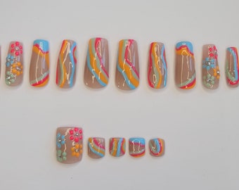 Summer Abstract Custom Made Press On Nails & Toe Nail Set