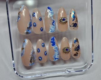 Third Eye Handmade Press On Nails | Evil Eye Nails | Holiday Nails | Summer Nails | Blue Nails | Marble Nail Nail Charms | Gel Press On Nail