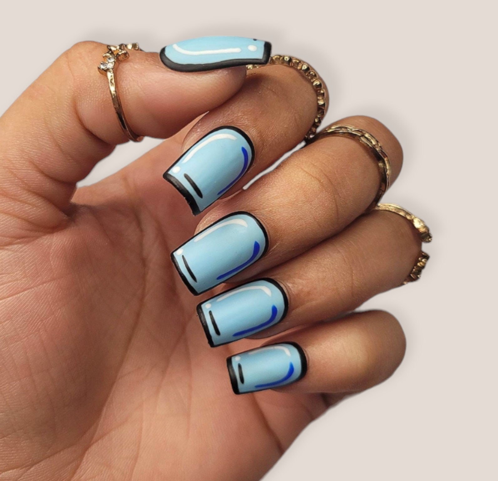 Blue Pop Art Cartoon Handmade Press On Nails