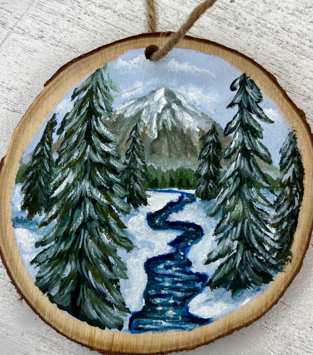 Rustic Snowy Mountain Scene on Wooden Ornament - Hand Painted Winter ...