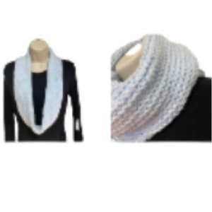 May include: A light blue knitted infinity scarf with a textured pattern. The scarf is shown on a mannequin wearing a black shirt.