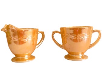 Vintage 1950s FIRE KING Peach Laurel Leaf  Lustre Creamer & Sugar Bowl Set of 2