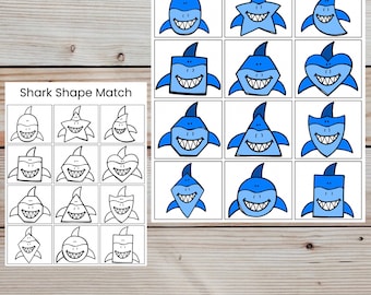 Shark Shape Match, Matching Game Printable, Homeschool Activity, Preschool Education, Summer Activity, BBQ Party Idea