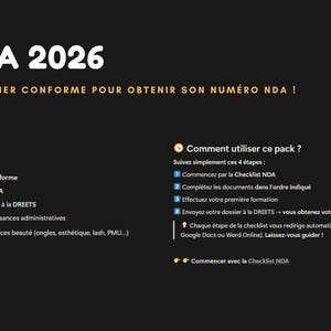Peut inclure: Graphique noir et or avec le texte "Pack NDA 2026" et des instructions pour obtenir un numéro NDA. Le texte est en blanc et or, avec des puces et des listes de contrôle.