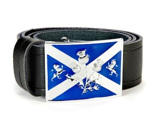 Saltire Thistle Highland Leather Kilt Belt and Buckle MG2 Chrome