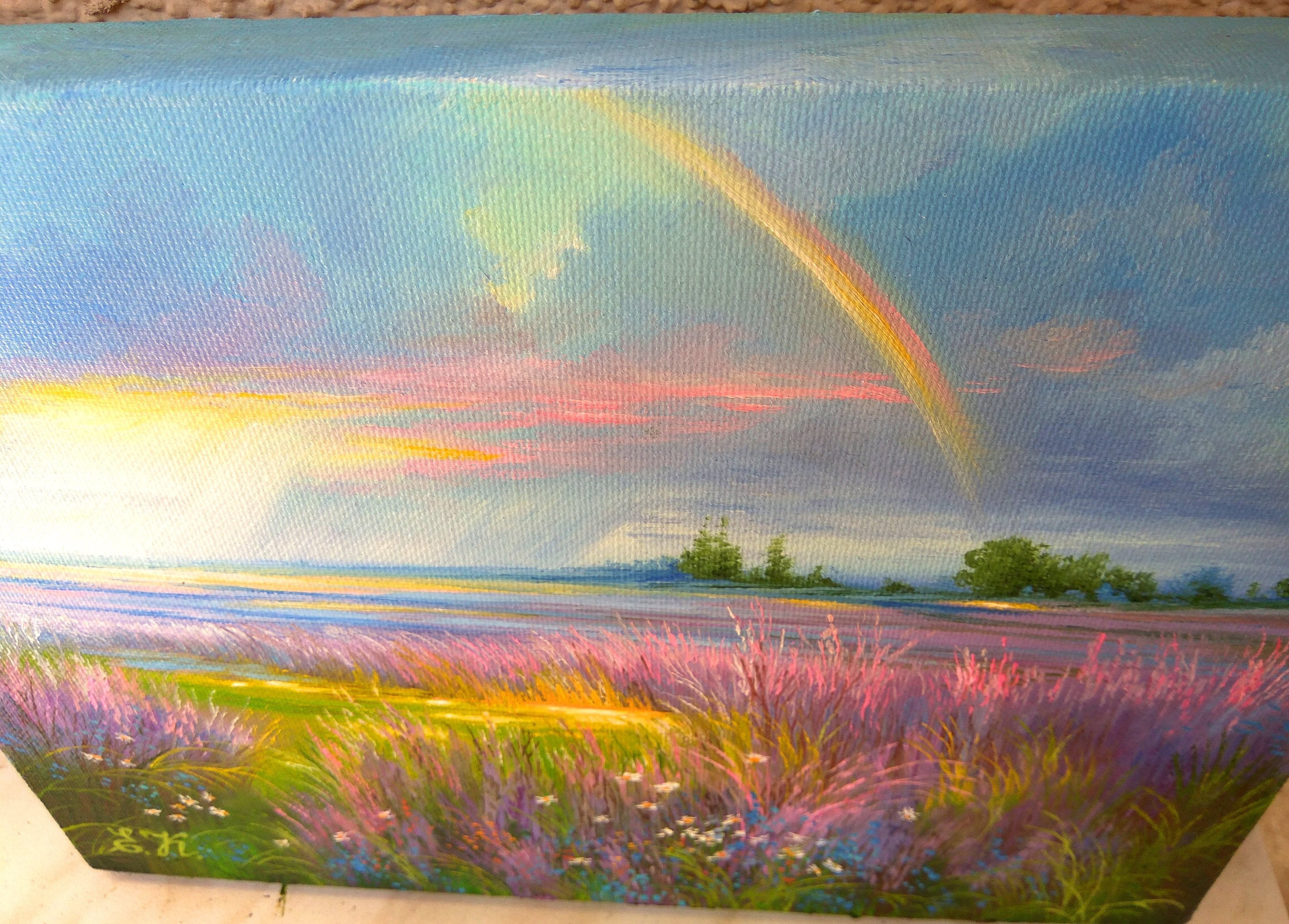Rainbow Painting Original Art Meadow flowers Painting Lavender Etsy