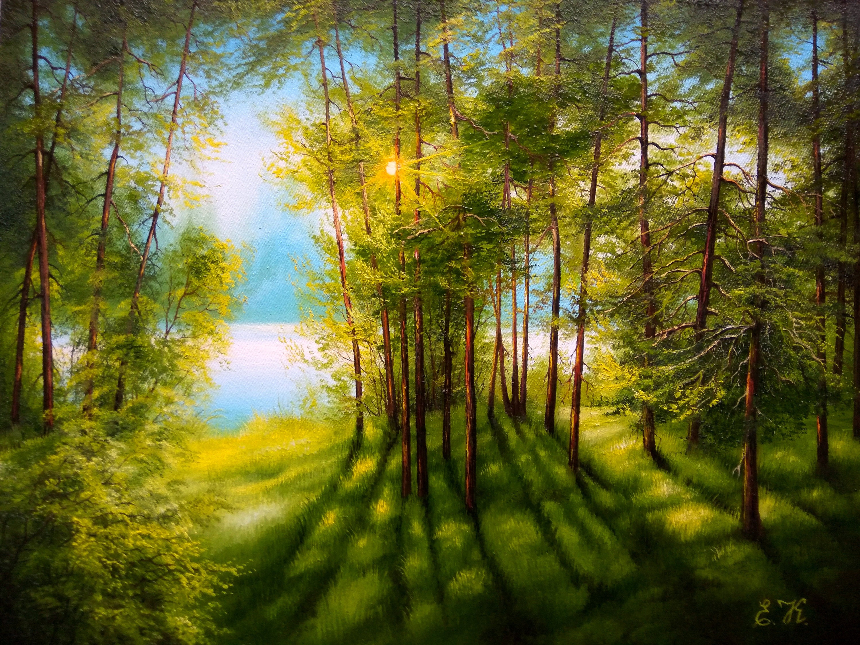 Pine Painting Sun Forest Original Art Spruce Forest Painting Etsy