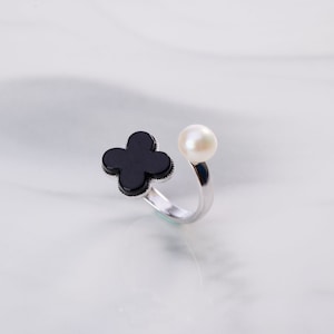Black Onyx Lucky Clover Ring- 18K White Gold Filled - Handmade Ring - 925 Sterling Silver - Semi Precious Jewelry -Unique Jewelry