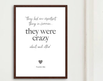 DIGITAL DOWNLOAD The 'Notebook' Collection - Personalised - Art Print - Valentine's Day - Love Quote - "They were crazy about each other."