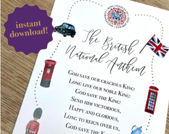 British National Anthem Cards Poster Royal Coronation Party Decor King Charles Coronation Tea Party printable God Save the King Charles III