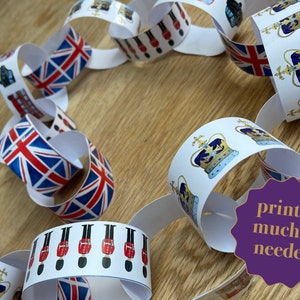 Puede incluir: Una cadena de papel con imágenes alternas de la bandera de la Unión Jack, una corona y una línea de guardias rojos. El texto "imprimir todo lo que se necesite" es visible en la esquina inferior derecha de la imagen.