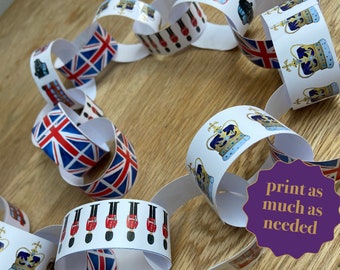 London style Party Decorations Paper Chain banner Kids crafts for British themed Tea Party printable Union Jack flag