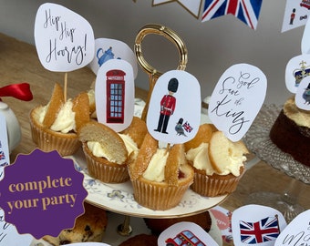 London style Cake Toppers Printable Party Decorations British theme Tea Party God Save the King Royal Cupcake