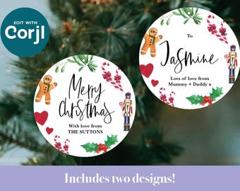 Personalised Christmas Stickers for gifts with holly, mistletoe, candy canes, gingerbread man, nutcracker  digital download DIY print label