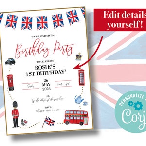 Personalised British Party Invitation Digital Union Jack style London design tea party