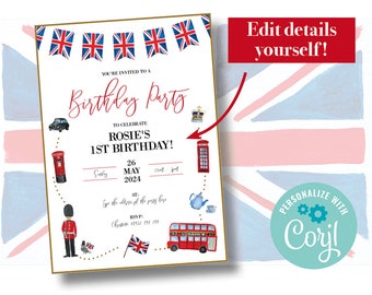 Personalised British Party Invitation Digital Union Jack style London design tea party