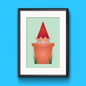 May include: A red and white gnome peeking out of a terracotta flower pot with green grass.
