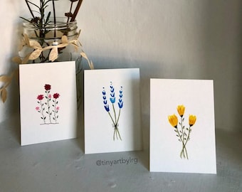 Set of Three Primary Wildflower Trio, Original Watercolor Painting, Artist Trading Cards, Floral Painting, Art and Deco