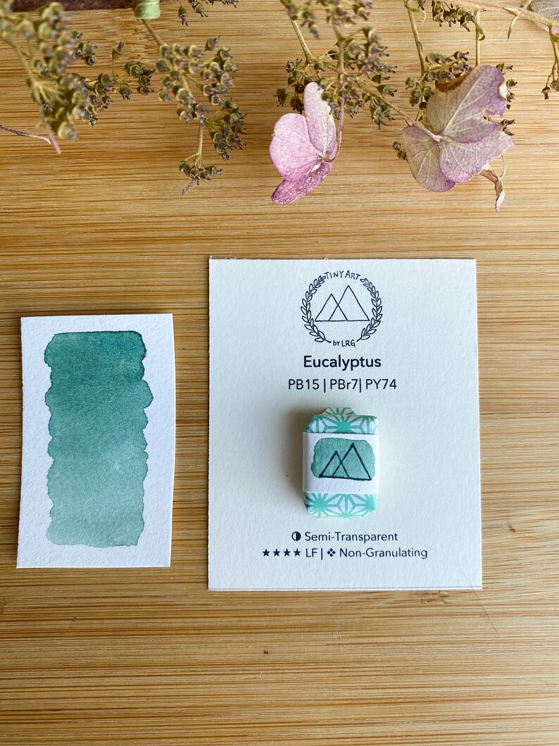 May include: A watercolor paint swatch and a small paint block labeled "Eucalyptus" on a white card. The paint block is wrapped in patterned paper. The swatch shows a gradient of teal green. Dried flowers are in the background.