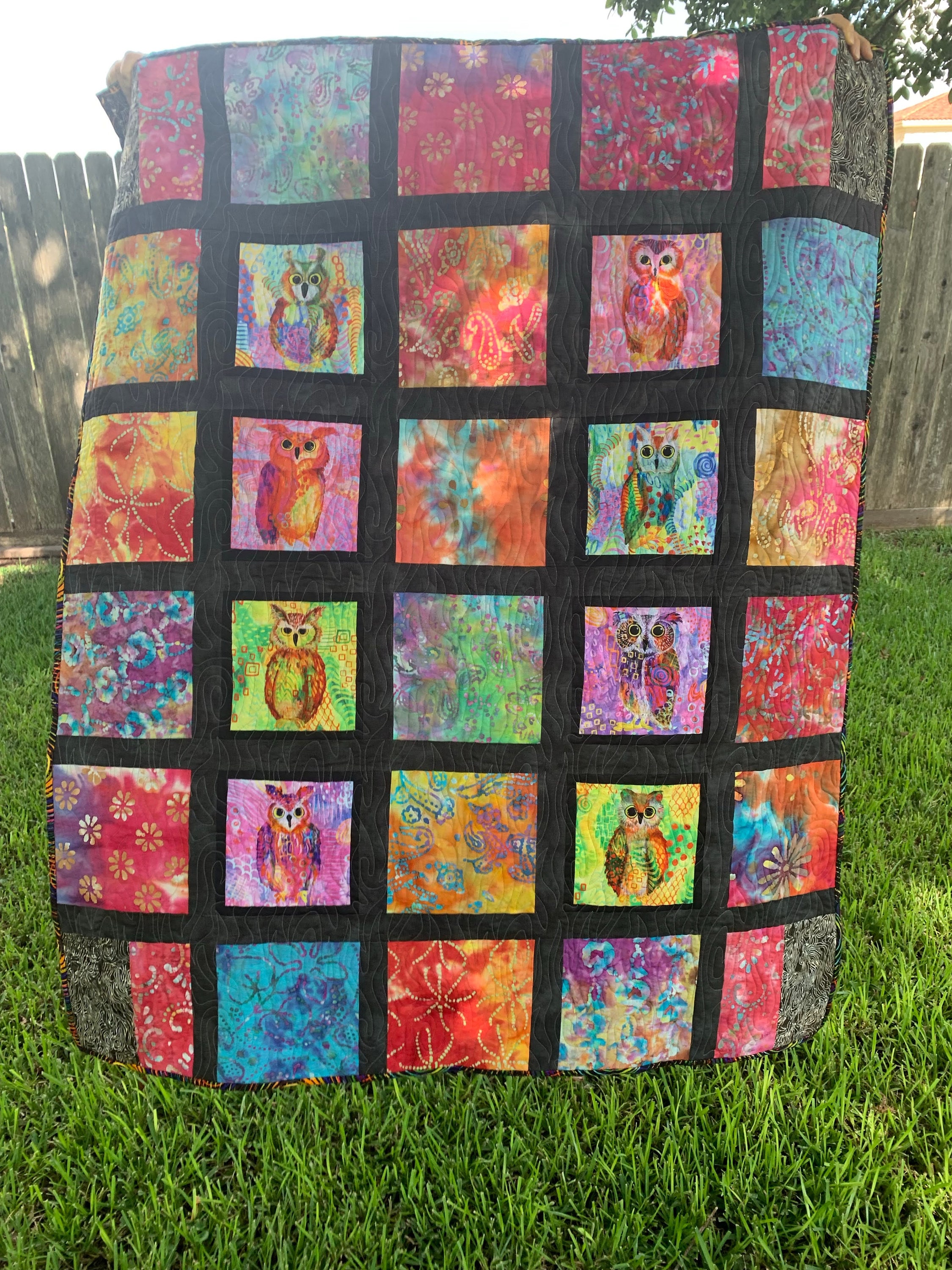 Handmade Quilt Rainbow Owls in Batik 54" x 66"