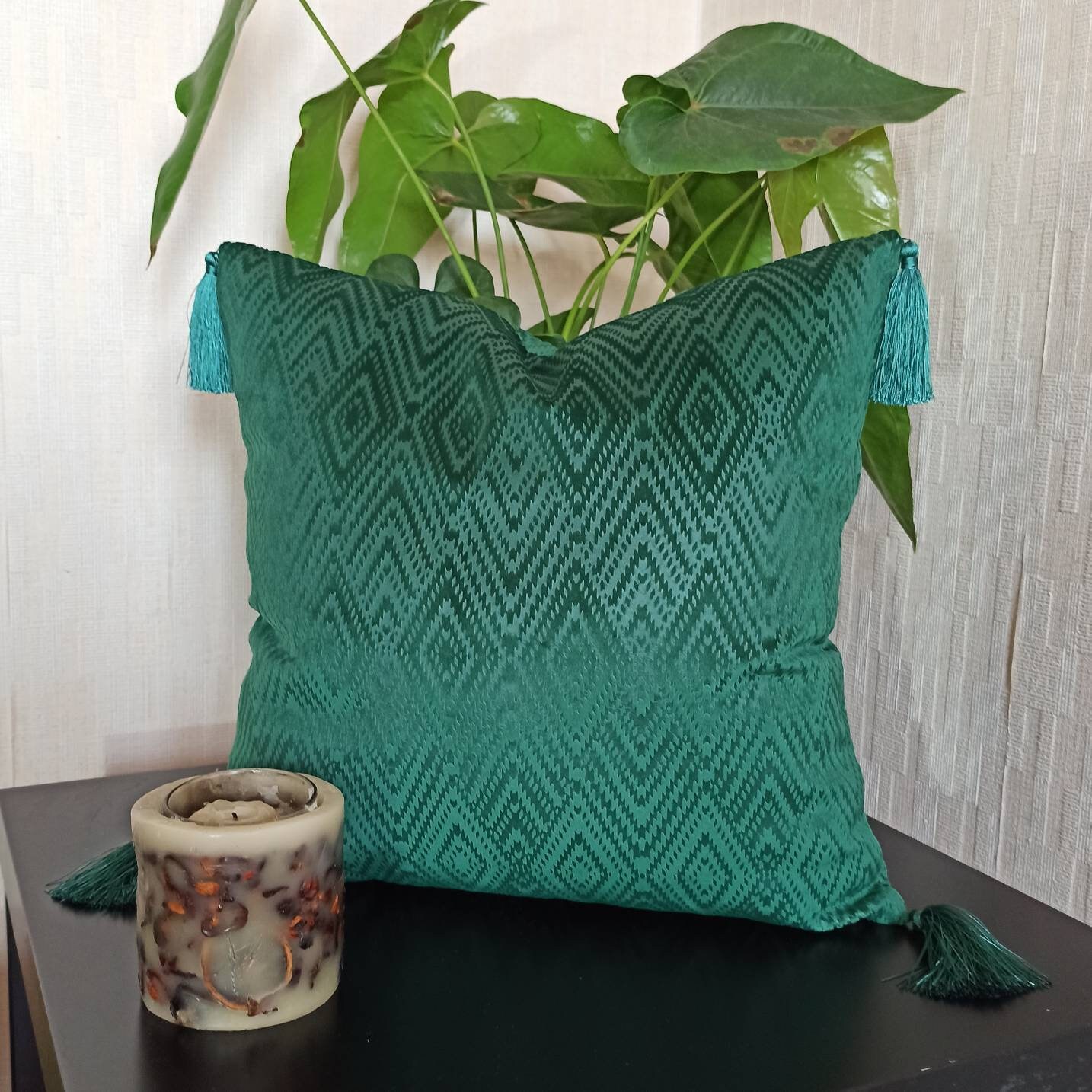 Emerald green velvet textured pillow case Green geometric Etsy