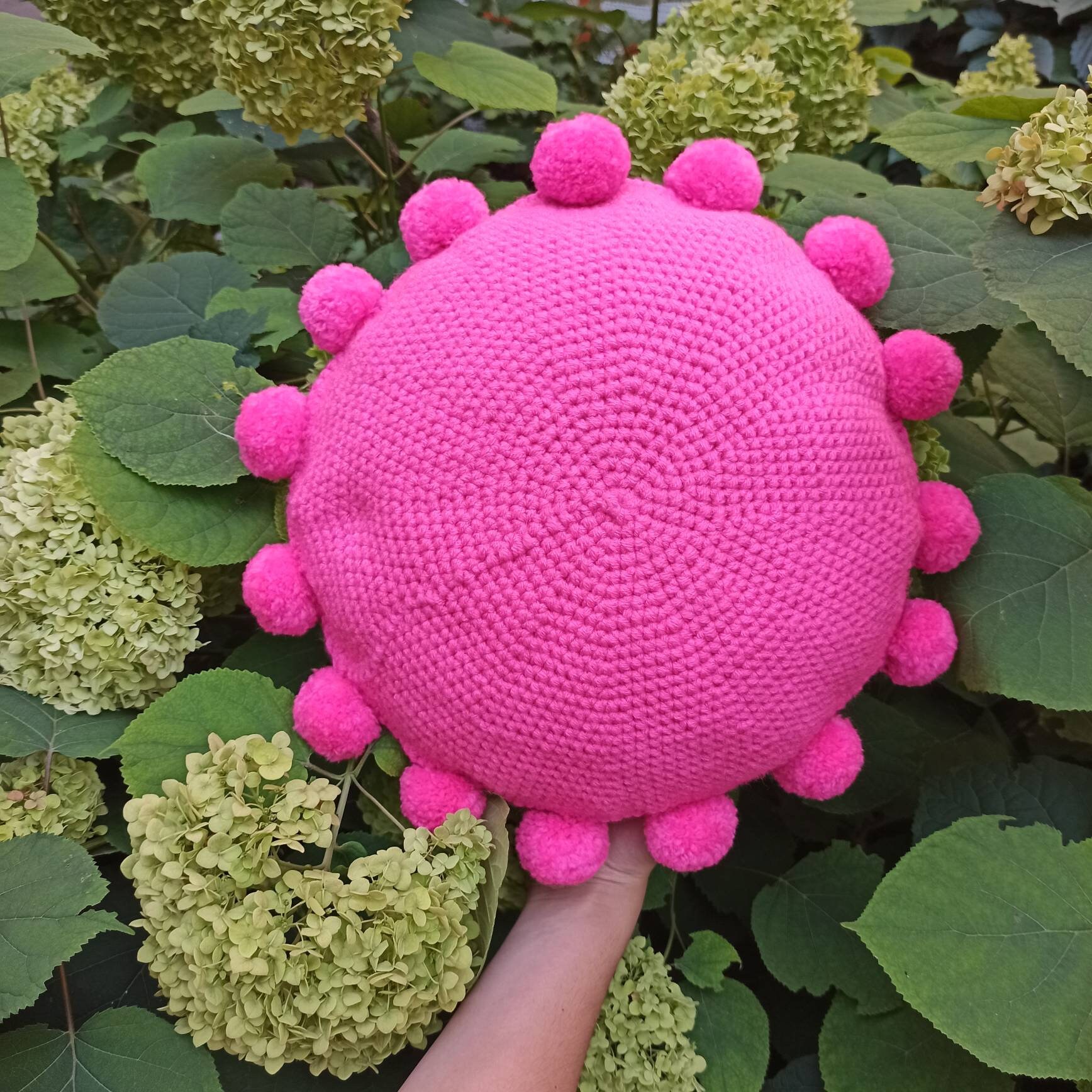 Round Pom Pom Pillow Hot Pink Crochet Circle Pillow Bobble Etsy UK