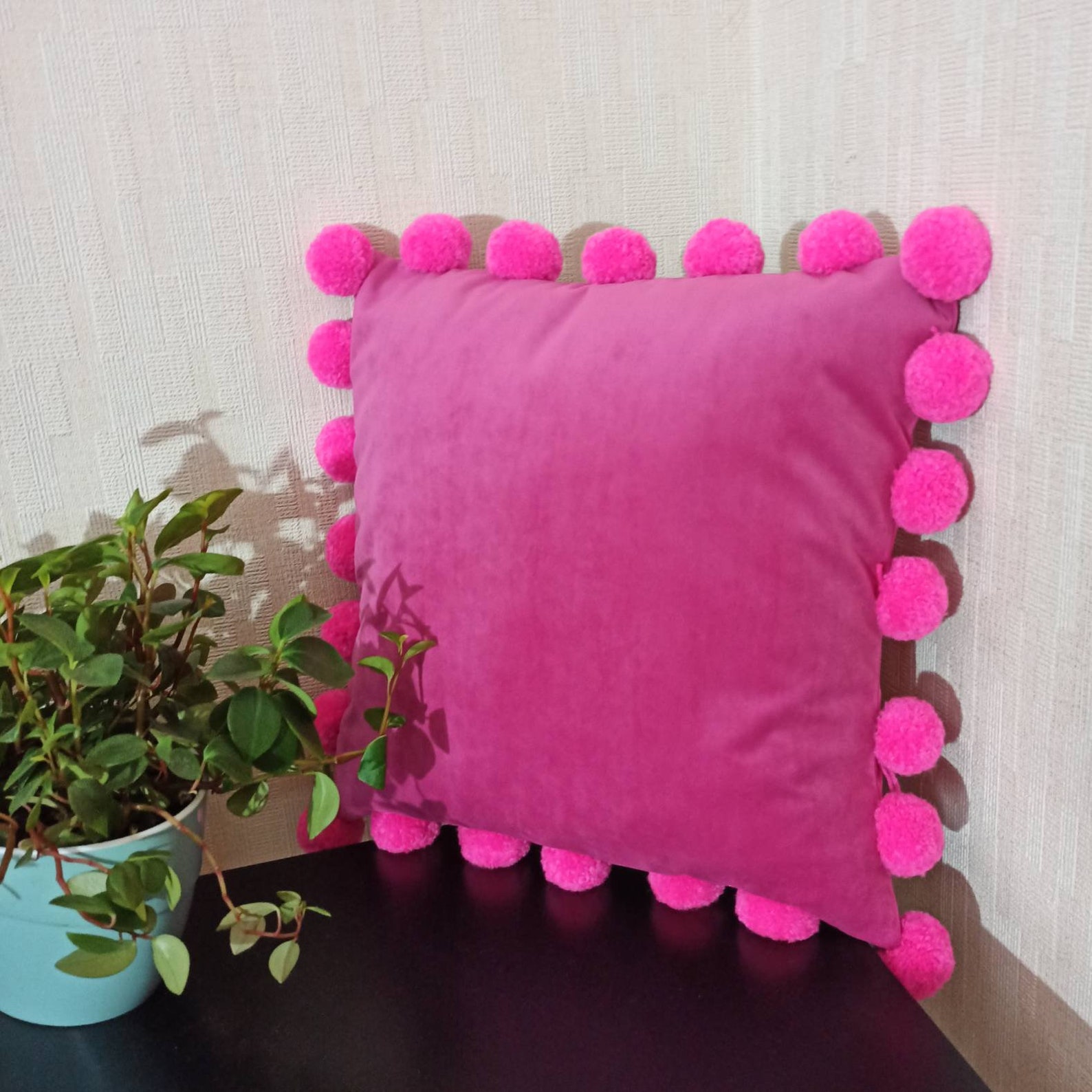 Hot Pink Velvet Pom Pom Pillow Case Pink Pom Pom Cushion Etsy