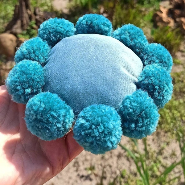 Tiny turquoise velvet pillow, Circle doll pillow, Pom pom pillow, Toy pillow, Play pillow, Cute small pillow, Round pillow, Floor pillow