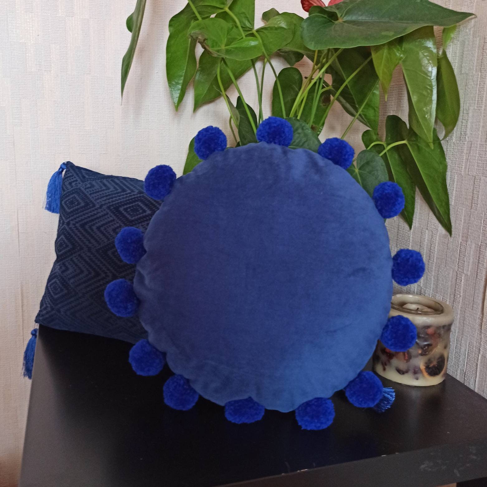 Blue round velvet pillow caseCircle throw pillow cover Blue Etsy