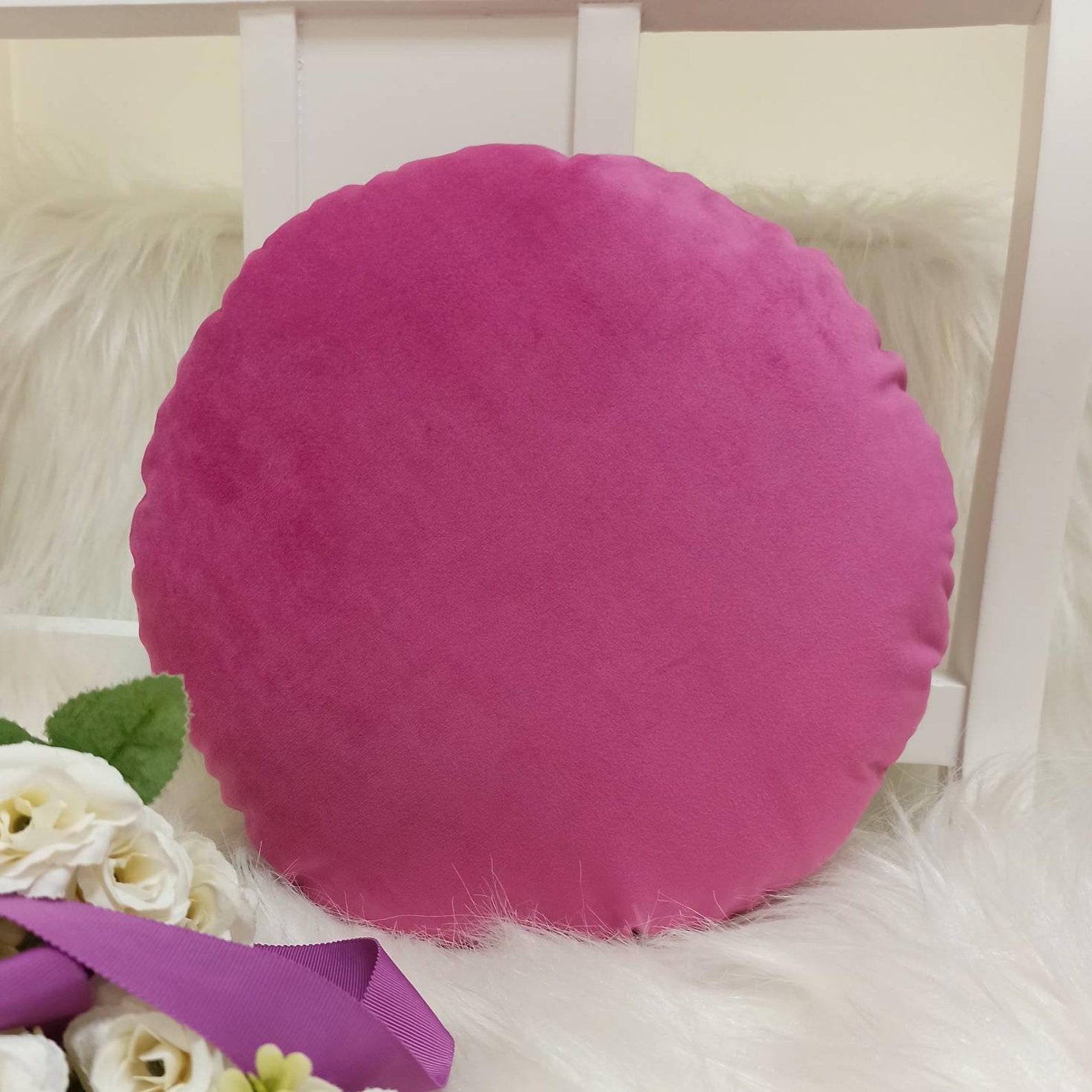 Hot Pink Round Pillow Case, Circle Throw Pillow Cover, Velvet Round