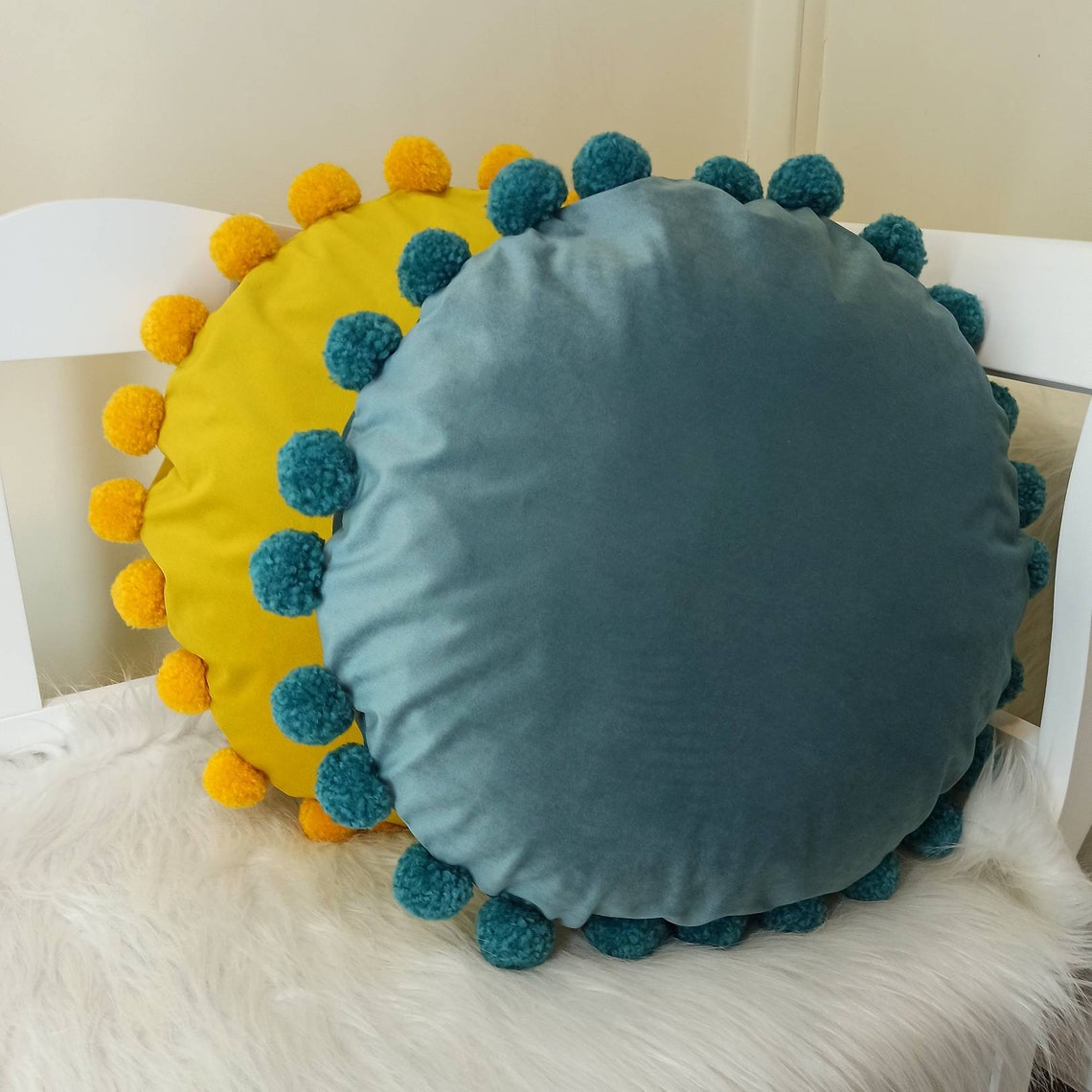 Turquoise round pillow case Circle throw pillow cover Teal pom Etsy