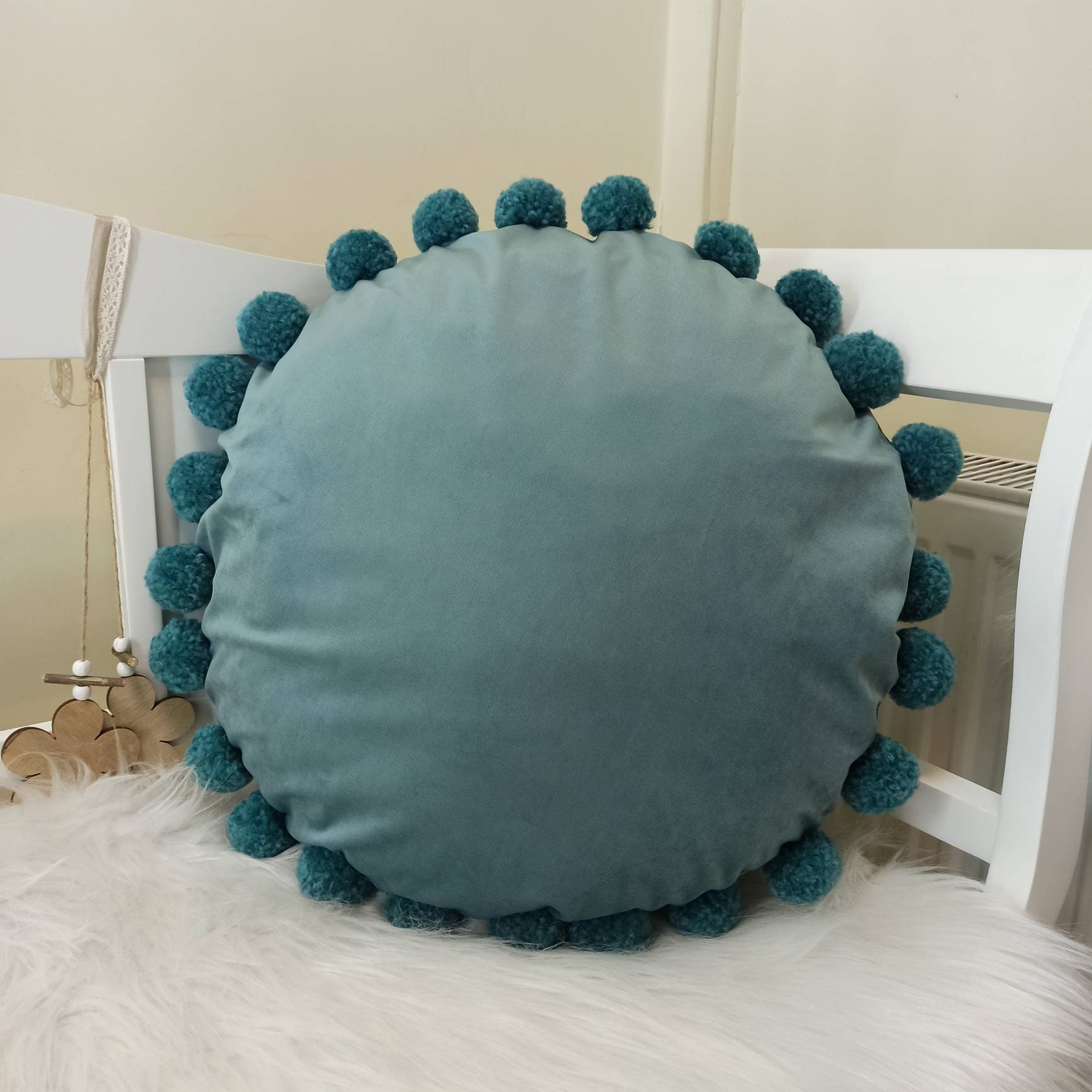 Turquoise round pillow case Circle throw pillow cover Teal pom Etsy