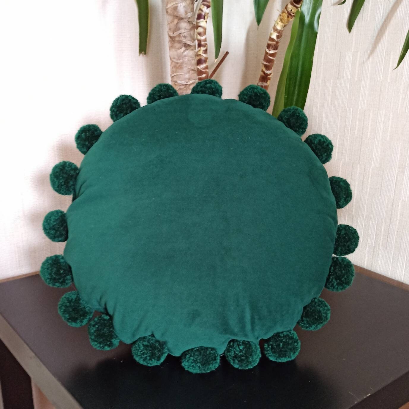 Emerald Green Round Pillow Case Circle Pom Pom Pillow Cover Etsy UK