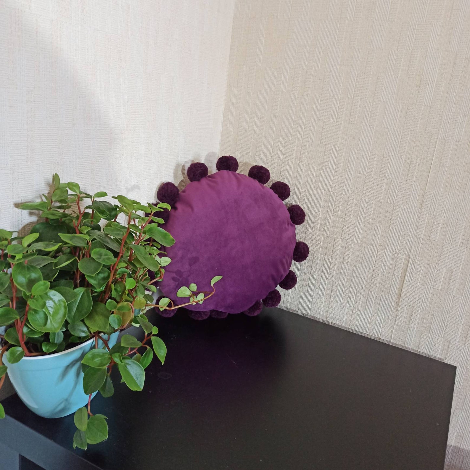 Violet Round Pillow Case, Circle Throw Pillow Cover, Pom Pom Pillow