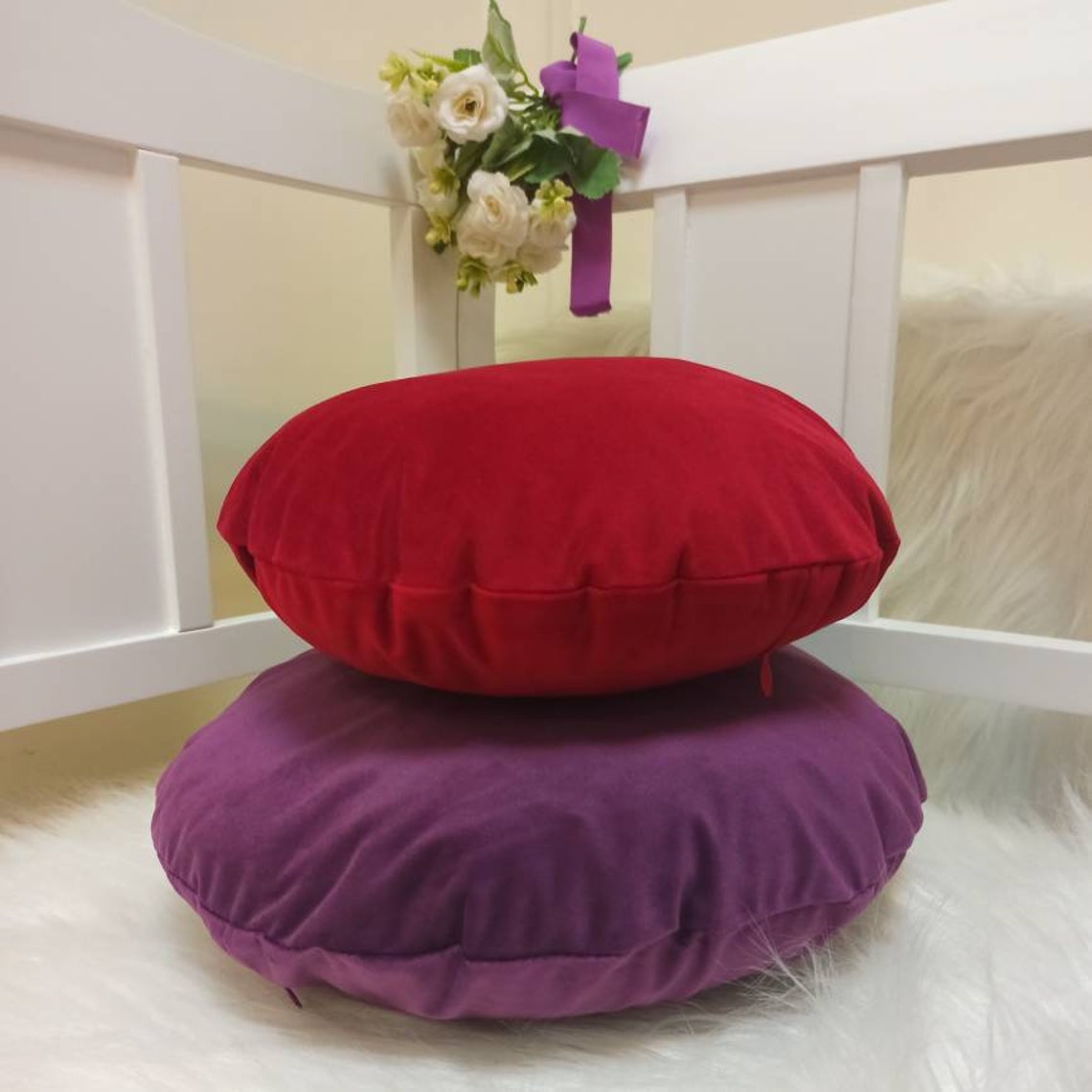 Purple velvet round pillow case Circle throw pillow cover Etsy