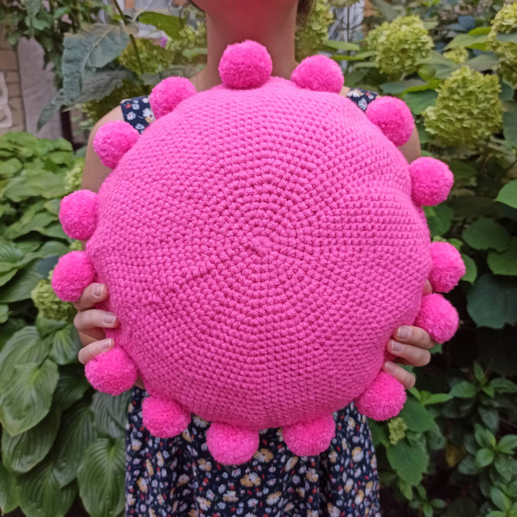 Round Pom Pom Pillow Hot Pink Crochet Circle Pillow Bobble Etsy UK