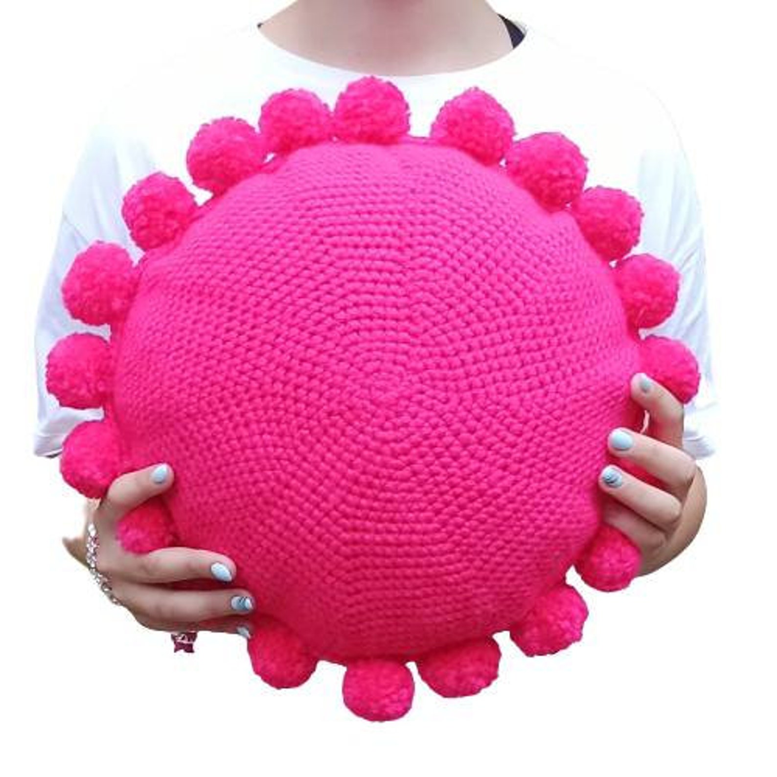 Round Pom Pom Throw Pillow Hot Pink Crochet Circle Pillow Etsy