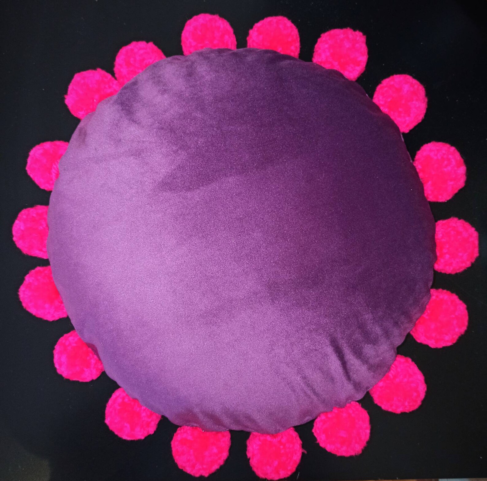Violet Round Pillow Case, Circle Throw Pillow Cover, Pom Pom Pillow