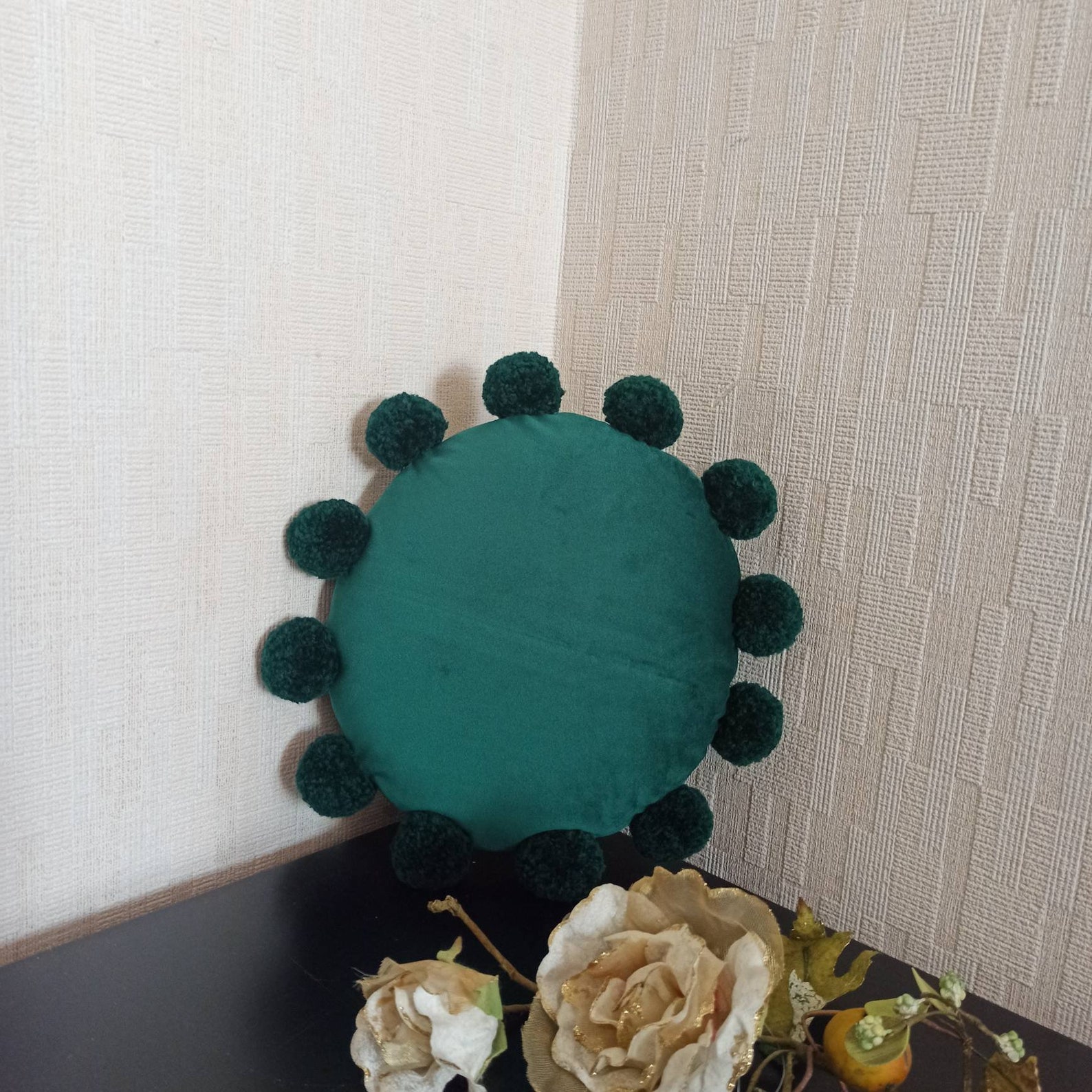 Emerald Green Round Pillow Case Circle Pom Pom Pillow Cover Etsy UK