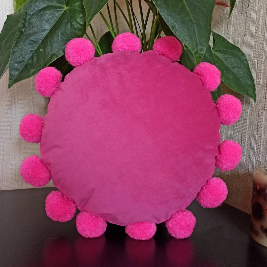 Hot Pink Round Pillow Case, Circle Pillow Cover, Pink Pom Pom Pillow