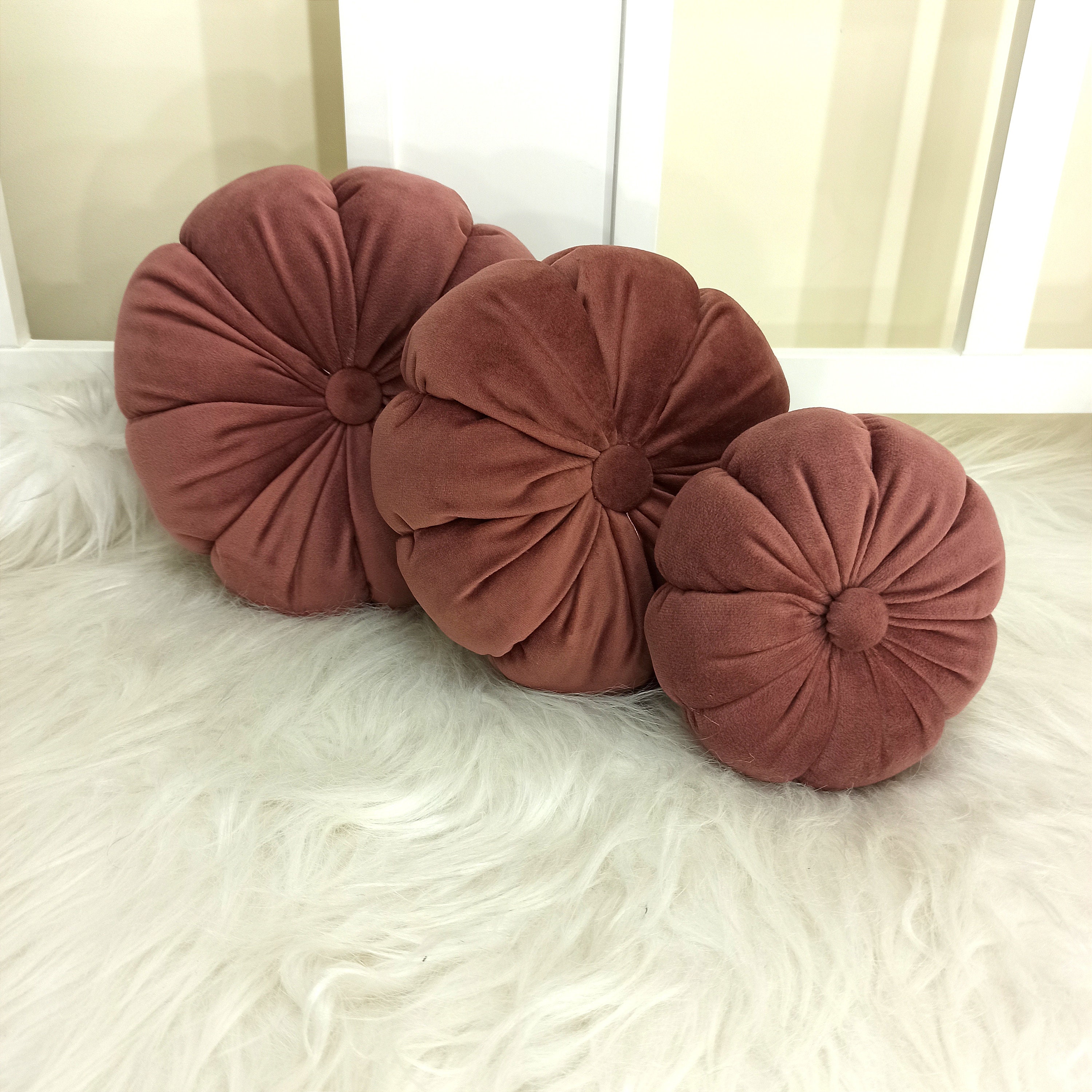 Tiny Dusty Pink Velvet Pillow, Circle Doll Pillow, Pom Pom Pillow, Toy