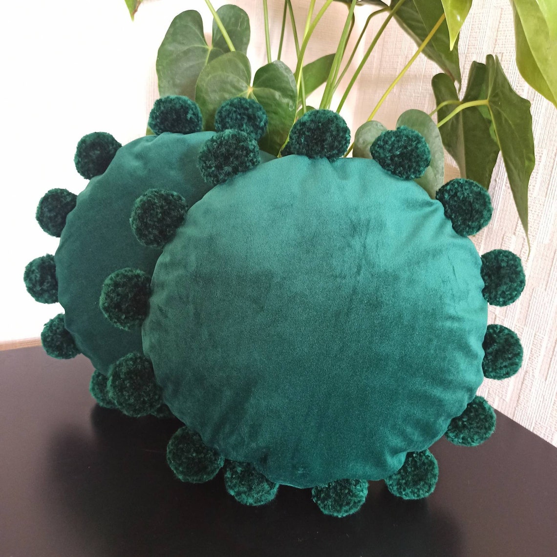 Emerald green round pillow case Circle pom pom pillow cover Etsy