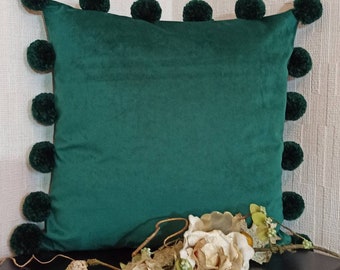 Emerald green velvet pom pom pillow case, Green pom pom cushion cover, Couch throw pillow, Accent pillow cover, Decorative modern pillow