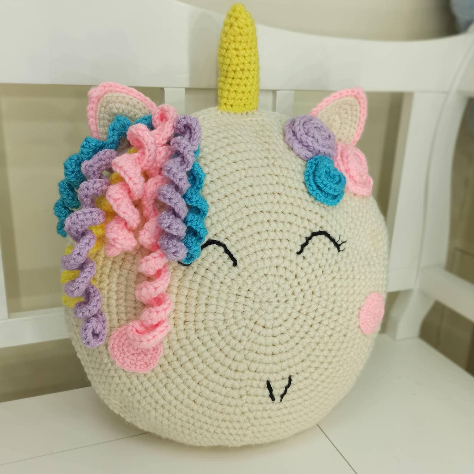 Crochet Unicorn Pillow Beige Pillow Crochet Circle Pillow Bobble Pillow Kids Pillow Unicorn Round Pillow Rainbow Unicorn Cushion Etsy