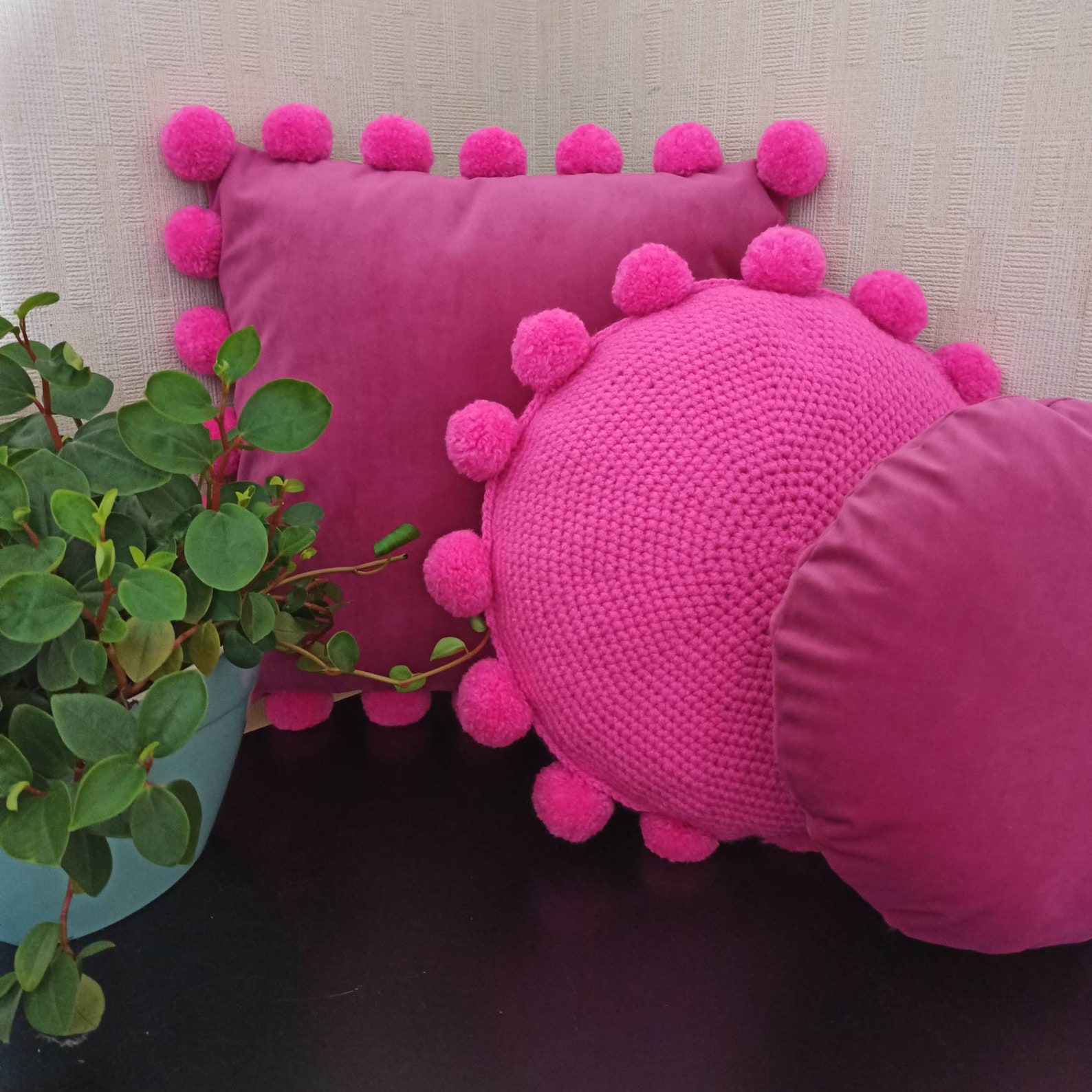Hot Pink Velvet Pom Pom Pillow Case Pink Pom Pom Cushion Etsy